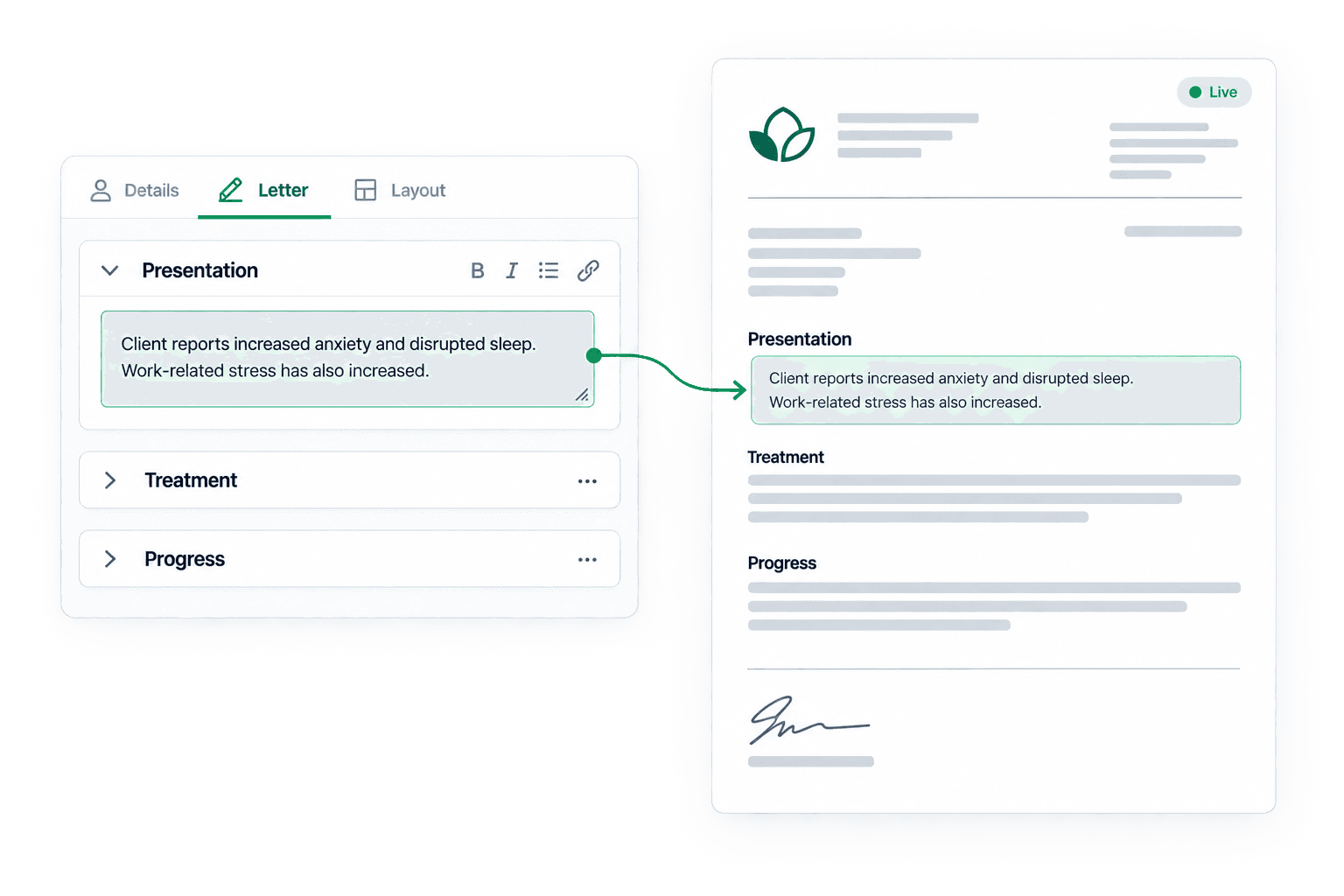 ClinFlow live A4 preview showing a synthetic clinical letter.